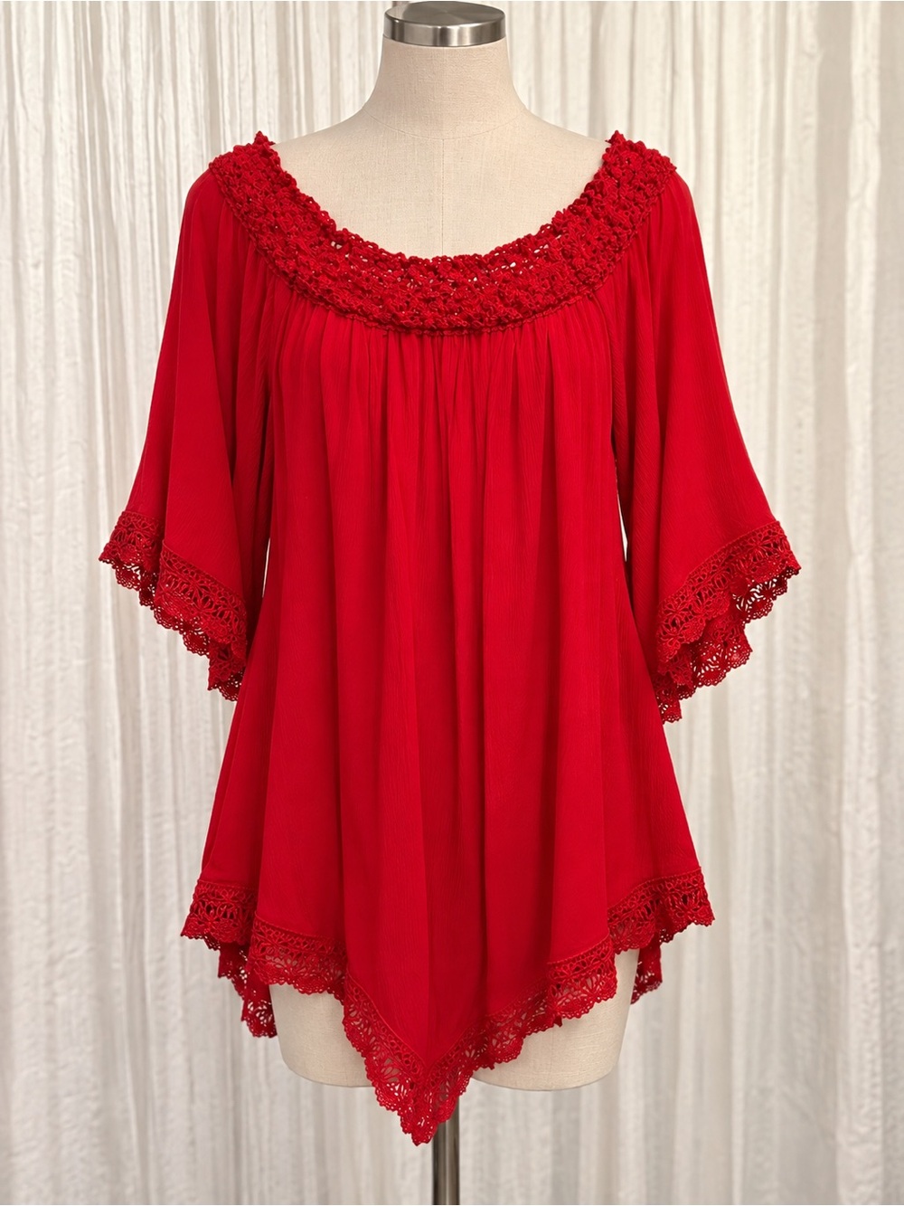 Zanzea Red Crochet-Trim Flowy Peasant Tunic Mini Dress
